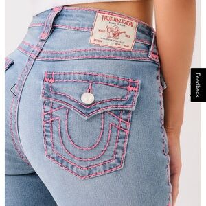 True Religion High Rise Jeans in Blue with Pink Accents